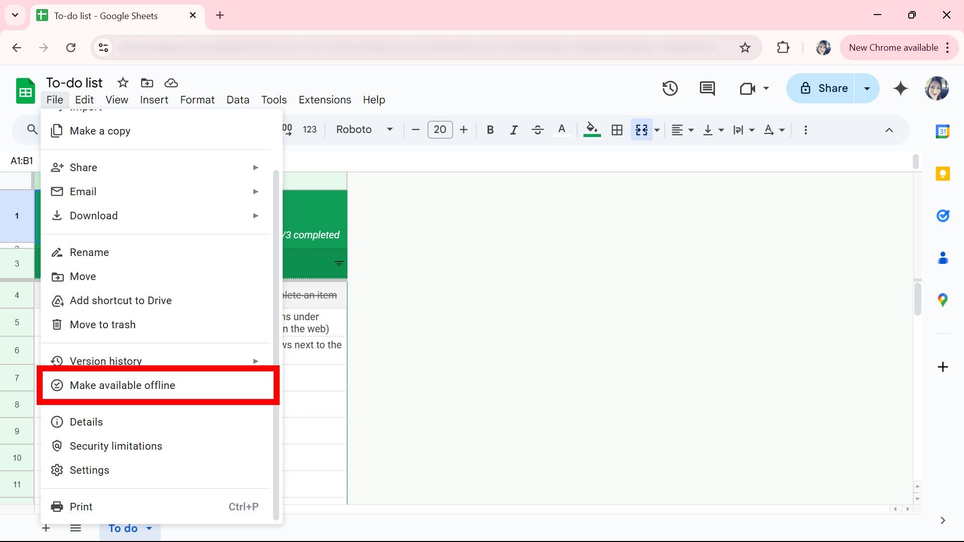 Red rectangle outline highlighting the Make available offline option on Google Sheets web app