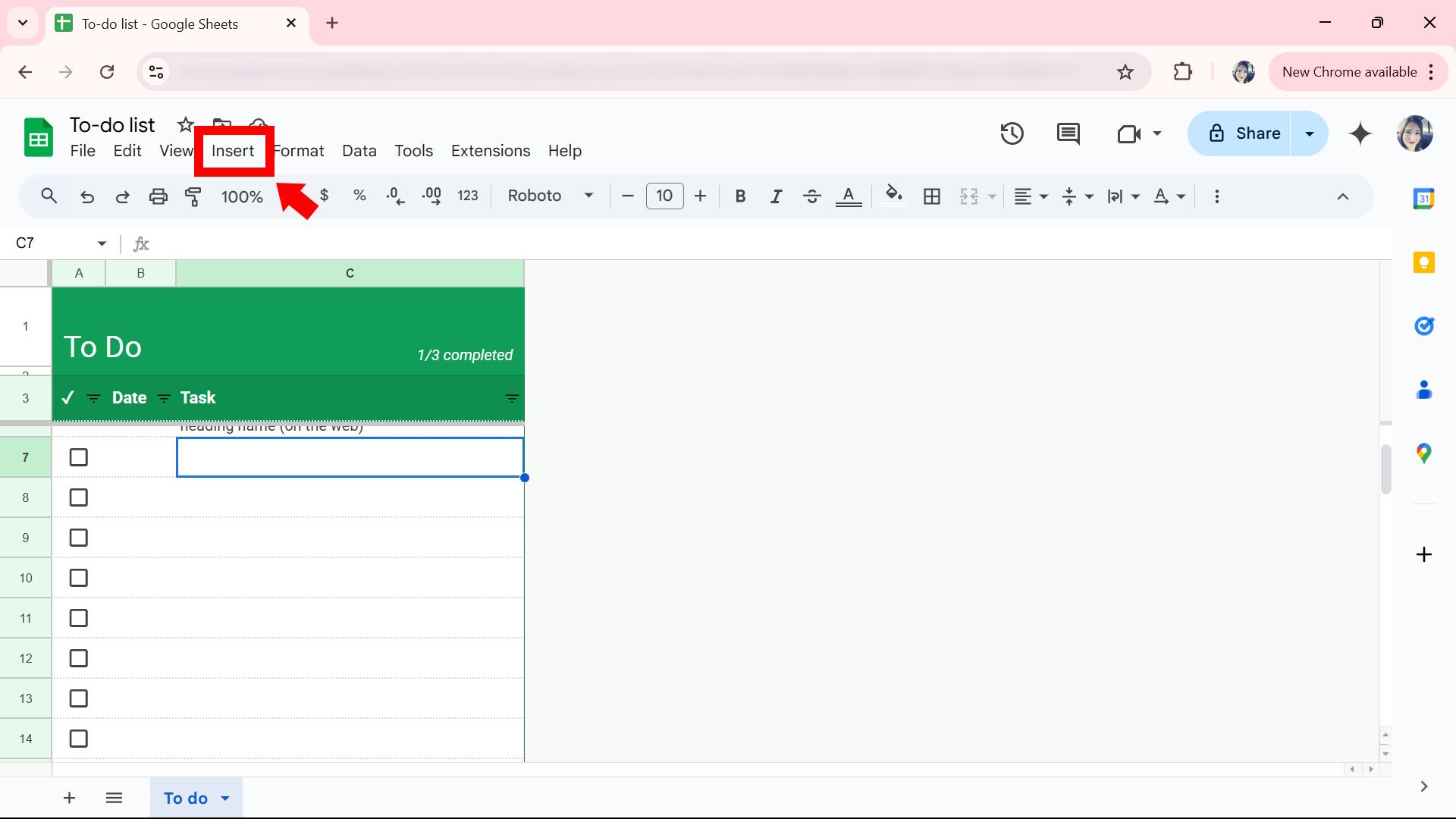 Red arrow pointing to the rectangle outline highlighting the insert option next to view on Google Sheets web app