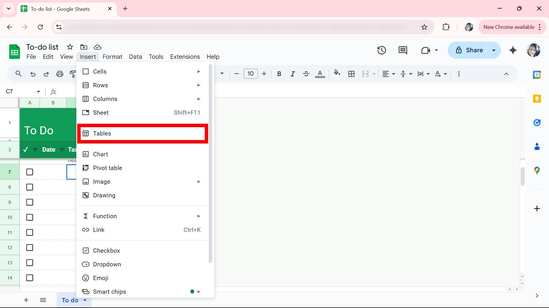 Red rectangle outline highlighting Tables under Insert on Google Sheets web app