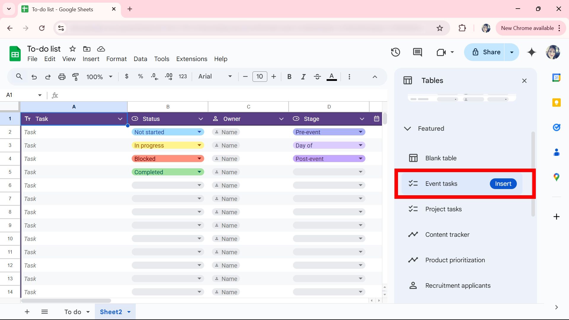 red rectangle outline highlighting the insert button on a selected table preset on Google Sheets web app