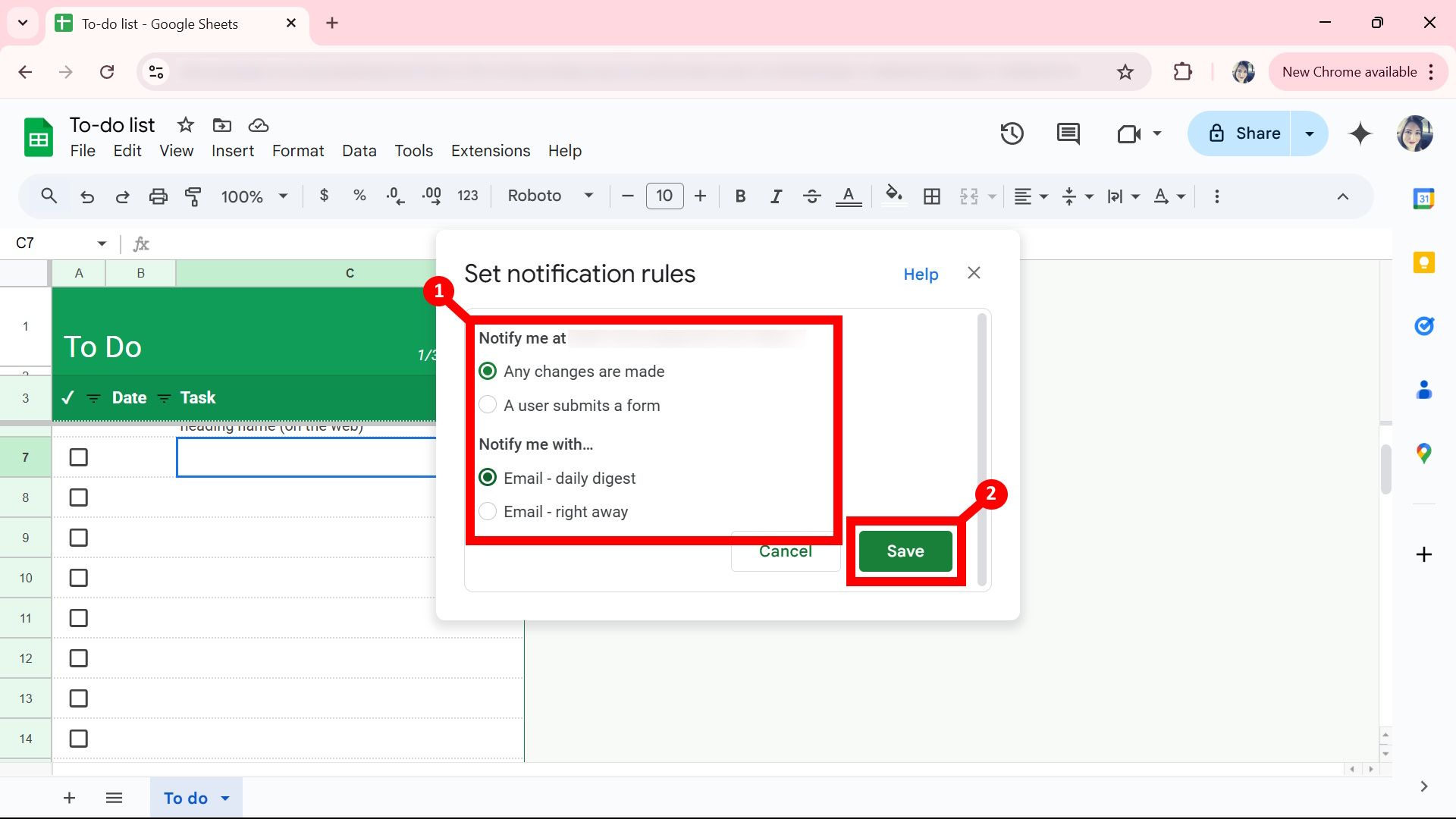 Two labels pointing to the options for notification rules and the radio buttons and the save button in the set notification rules window on Google Sheets web app