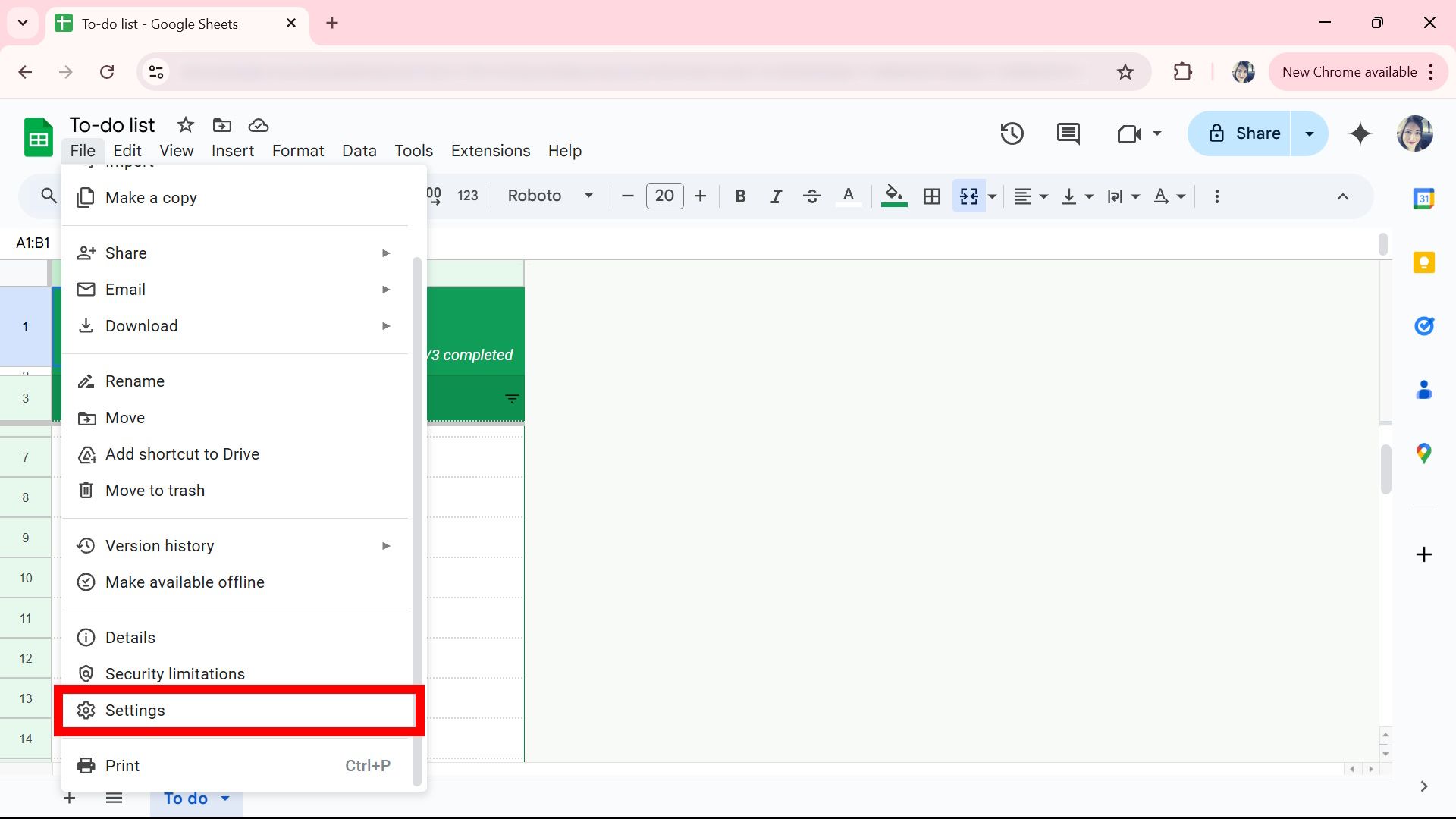 Red rectangle highlighting settings under file in Google Sheets web app