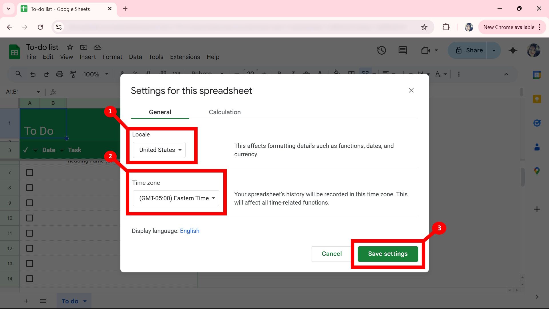 Three labels highlighting locale dropdown menu, time zone dropdown menu, and the save settings button in Google Sheets web app