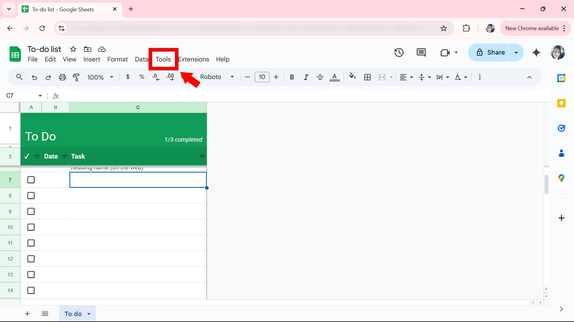 Red arrow pointing to red rectangle outline highlighting the tool option in Google Sheets web app