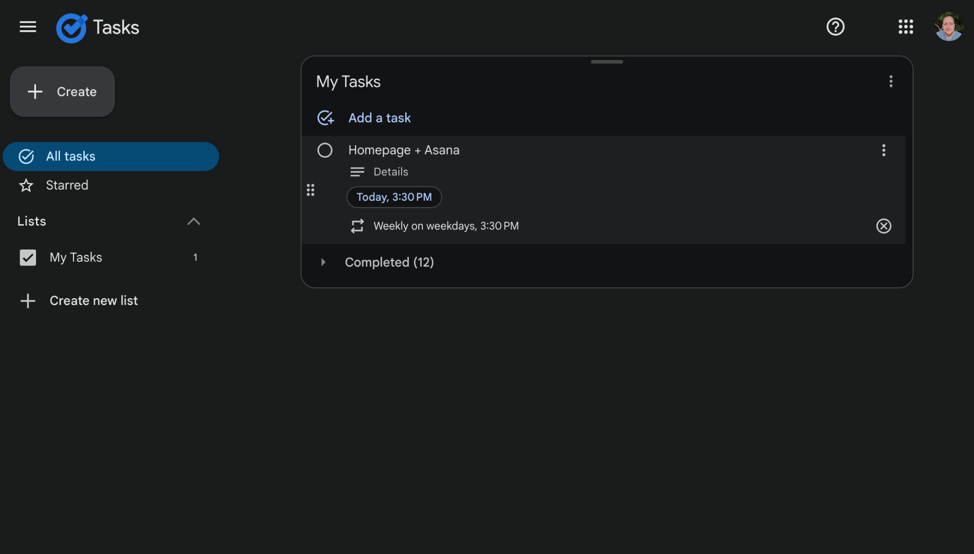 Screenshot of the dedicated Google Tasks website.