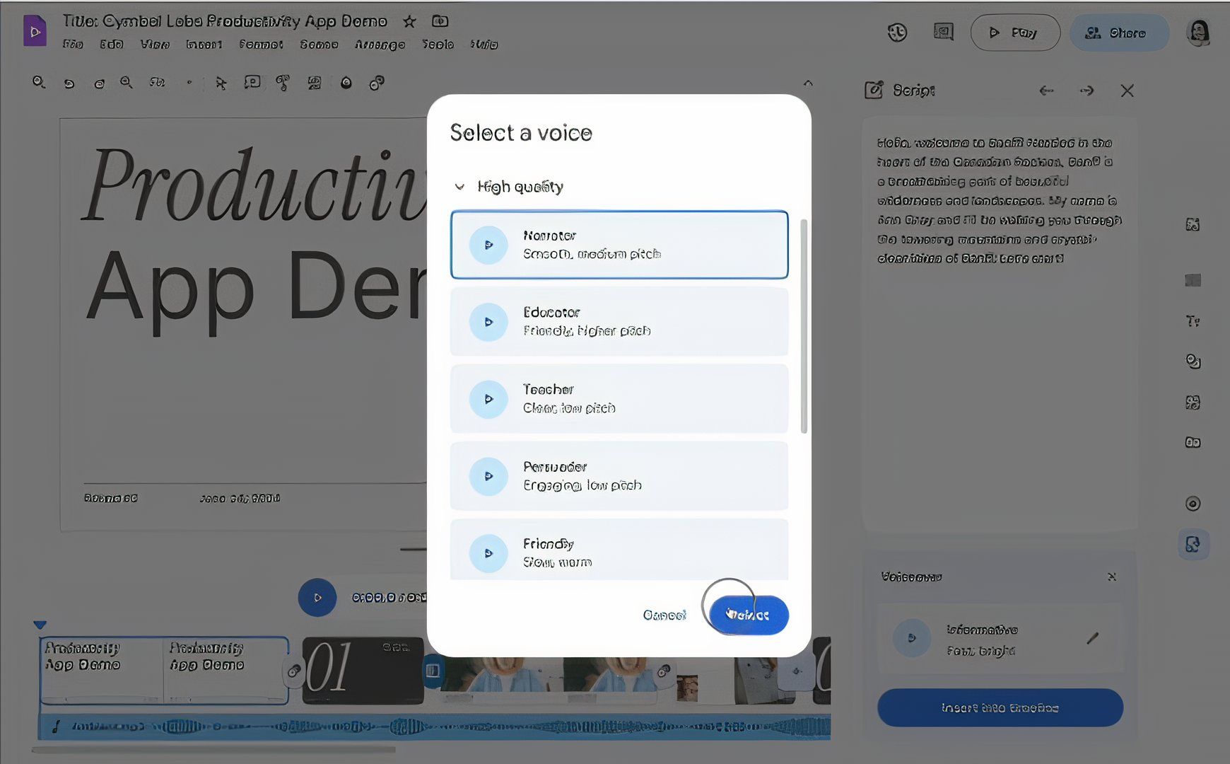 A screenshot of the new Google Vids voices menu, from Google Workspace blog. 