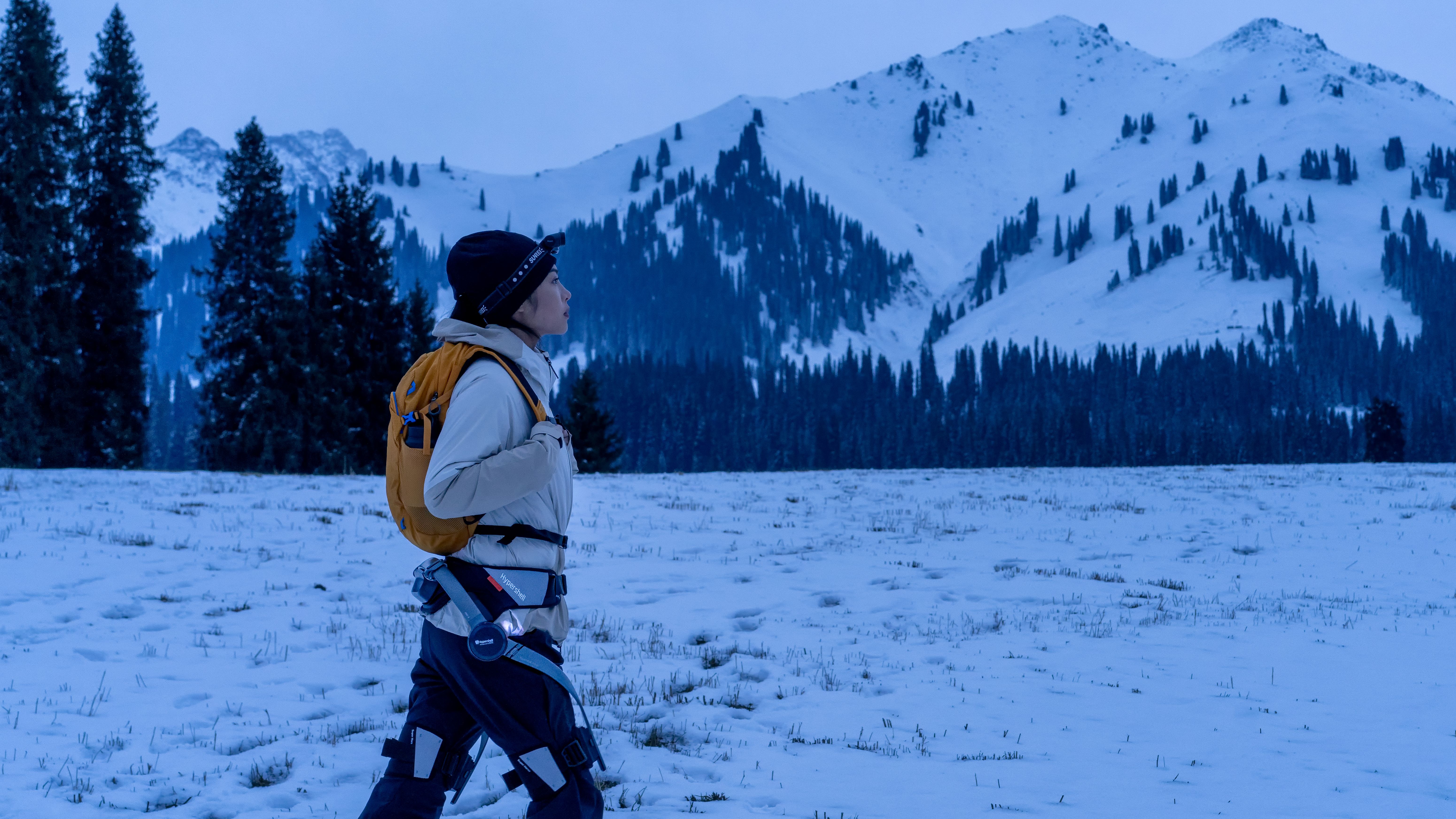 Person wearing the Hypershell in the show looking at mountains