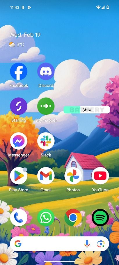 pixel home screen with apps and custom battery widget