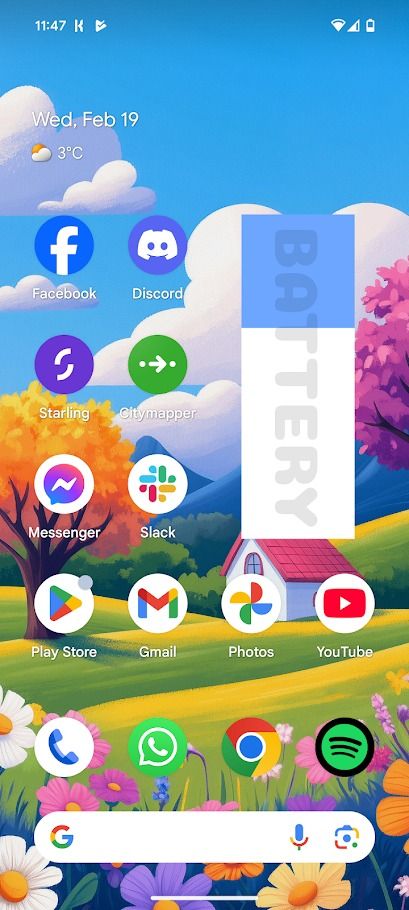 pixel home screen with apps and custom battery widget