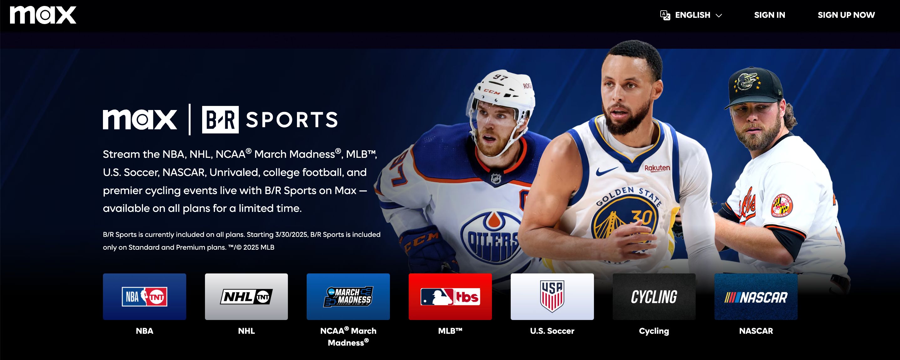 Max and Bleacher Report Sports content on Max's website