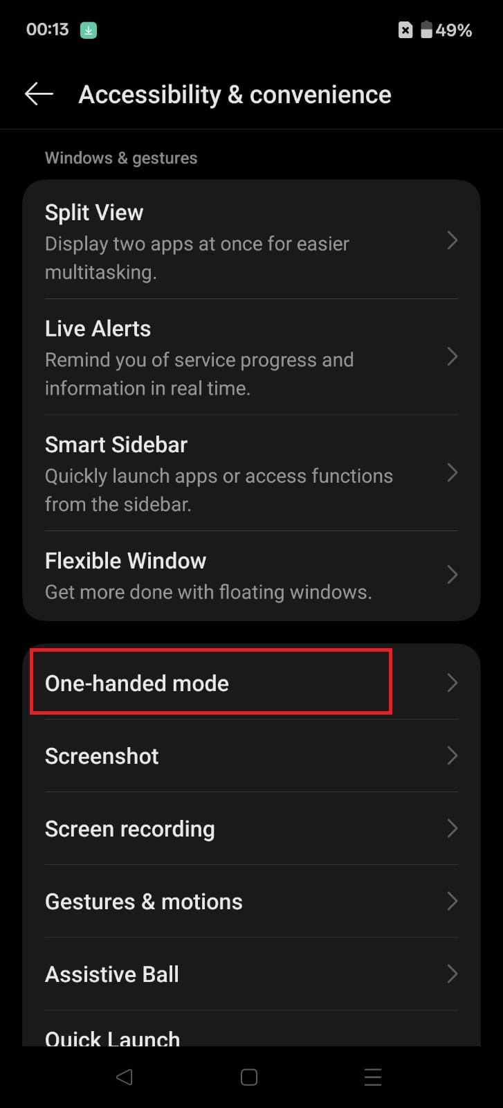 Ảnh chụp màn hình làm nổi bật chế độ một tay trên OnePlus 13R