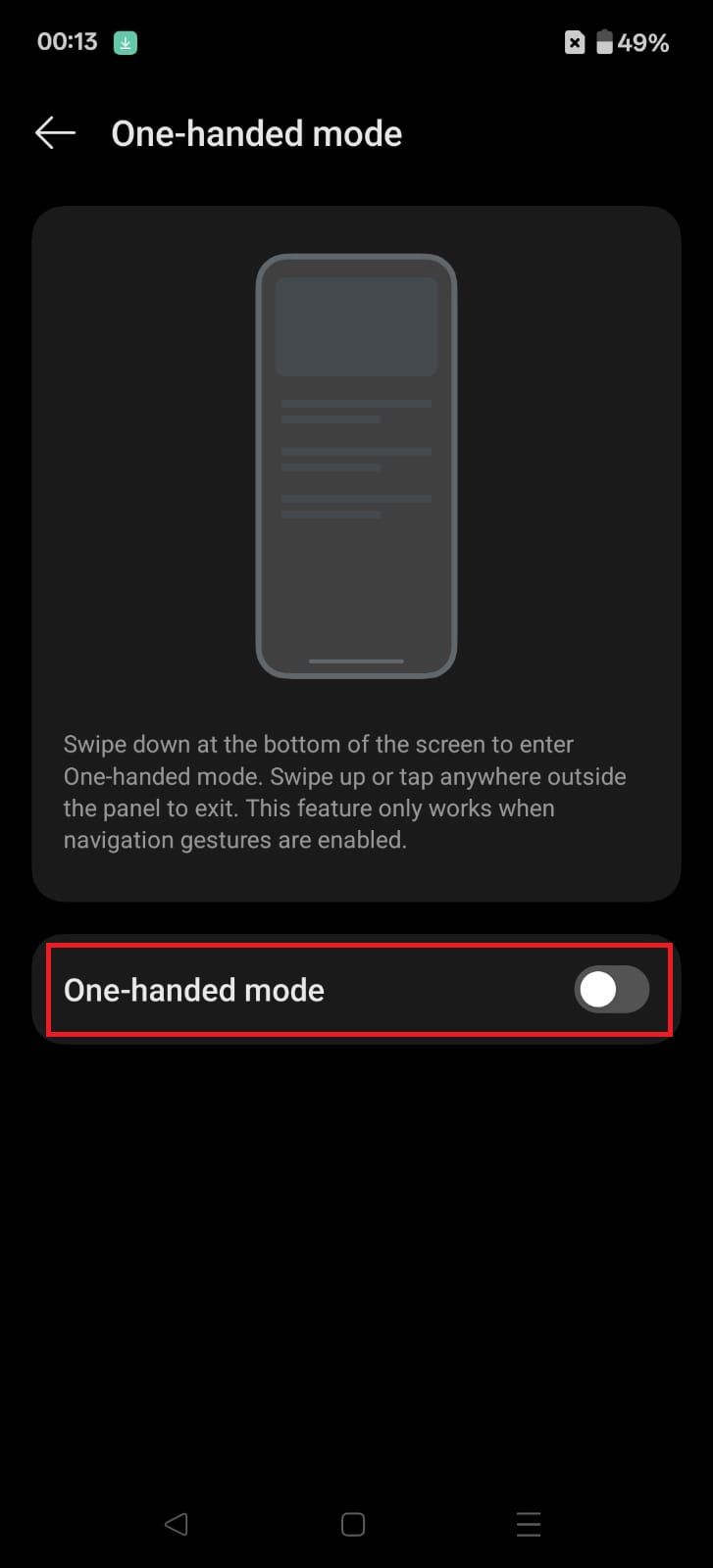 Ảnh chụp màn hình làm nổi bật chế độ một tay chuyển đổi trên OnePlus 13R