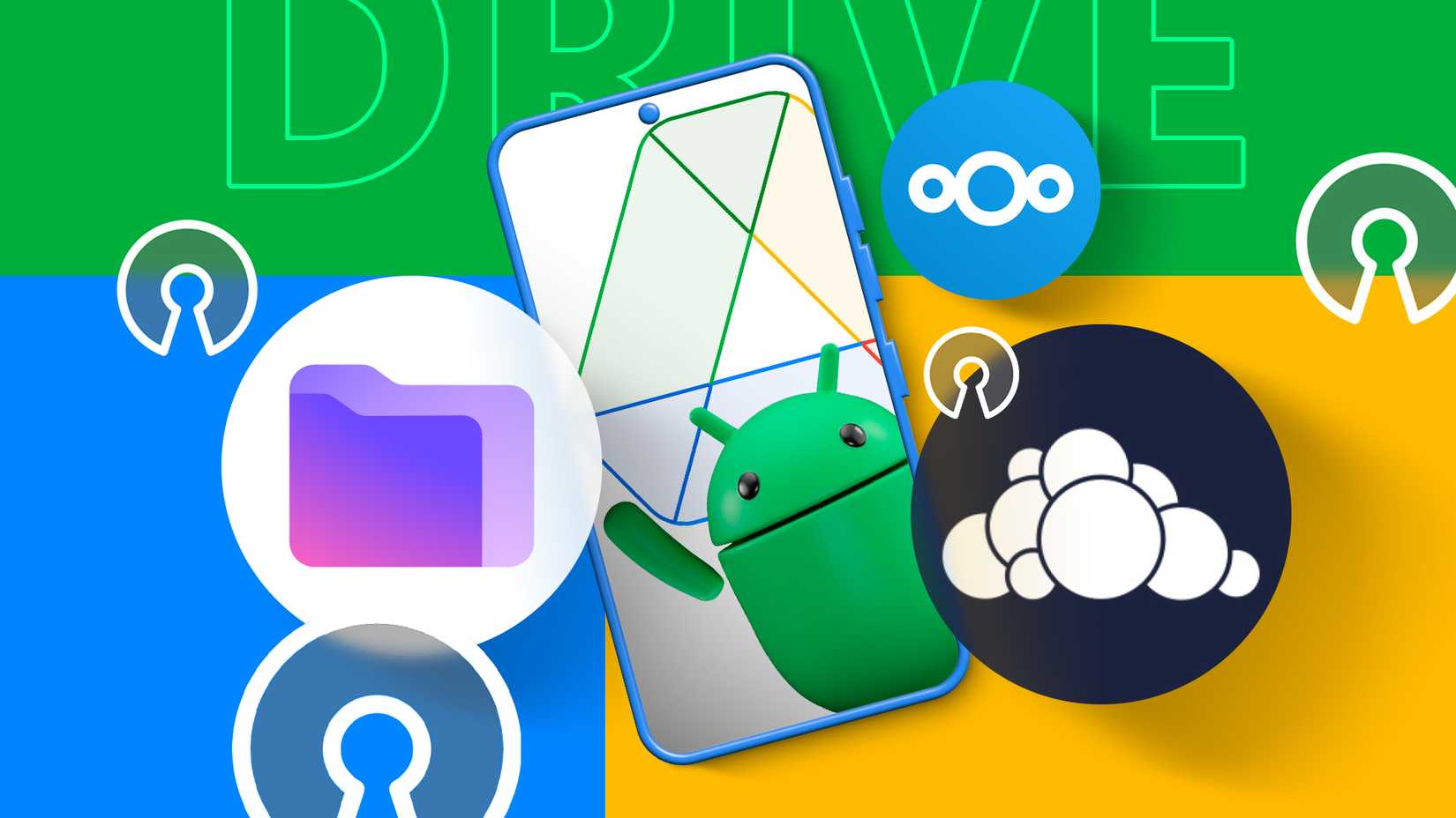 Ilustración del teléfono móvil con mascota de Bugdroid y varios iconos de aplicaciones