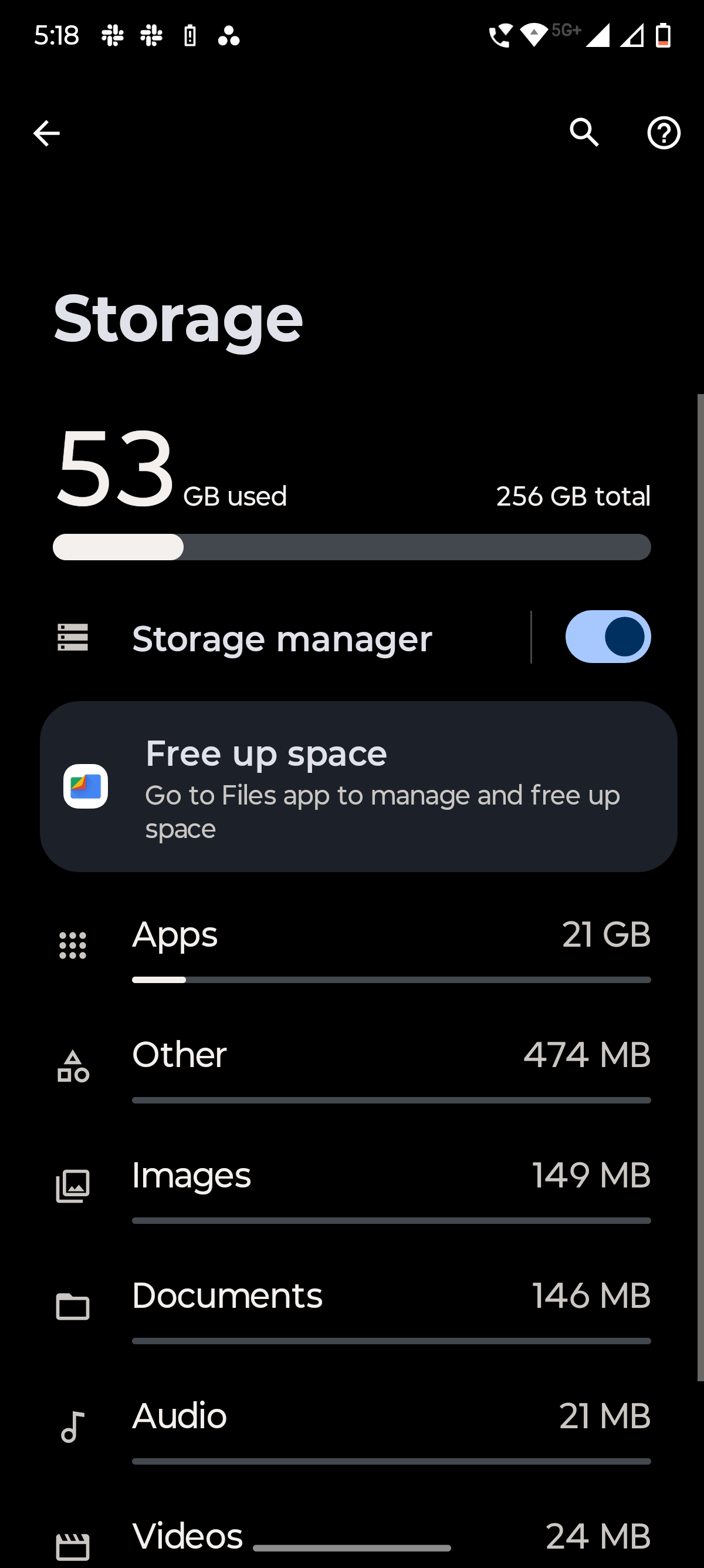 Screenshot showing the Storage manager toggle in a Motorola phone