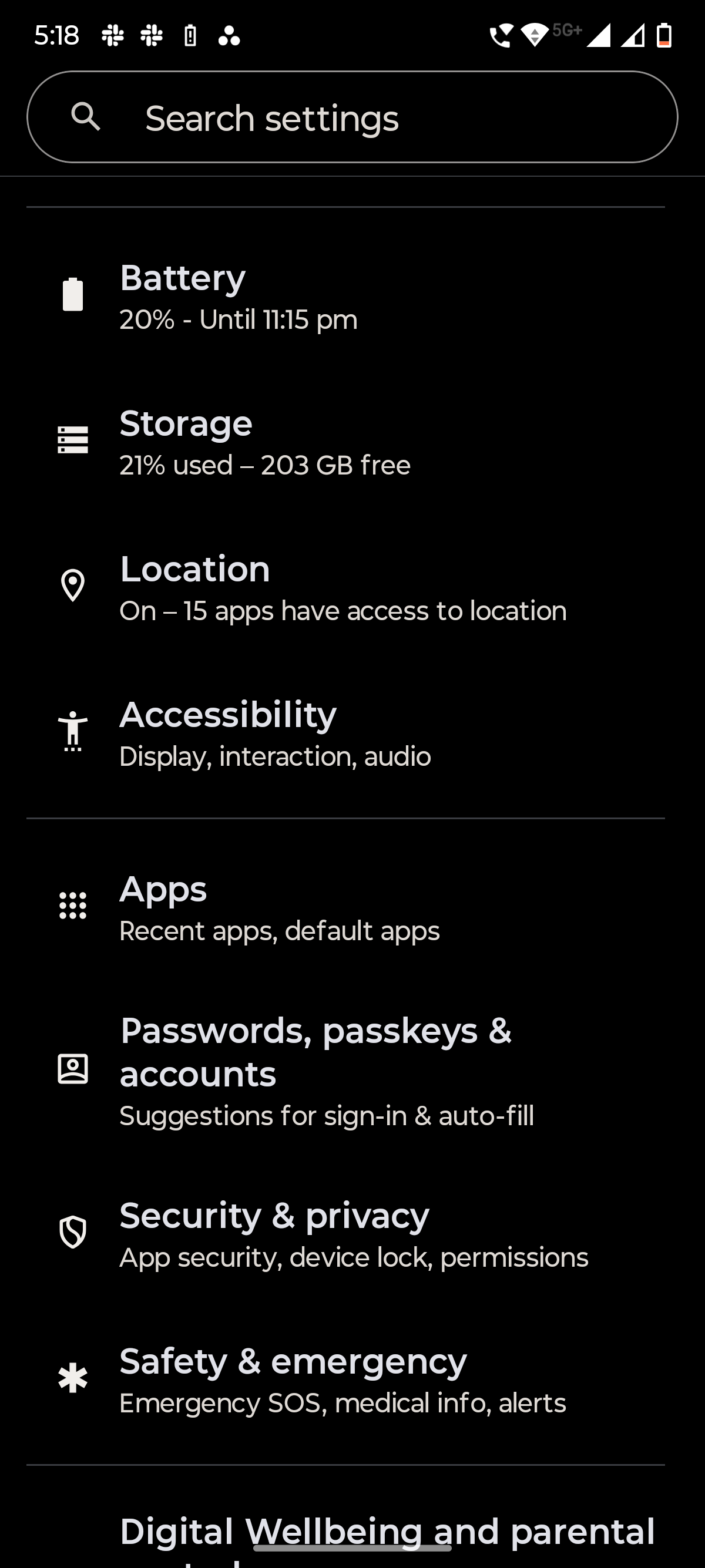 Screenshot showing the Storage option in Motorola phone Settings