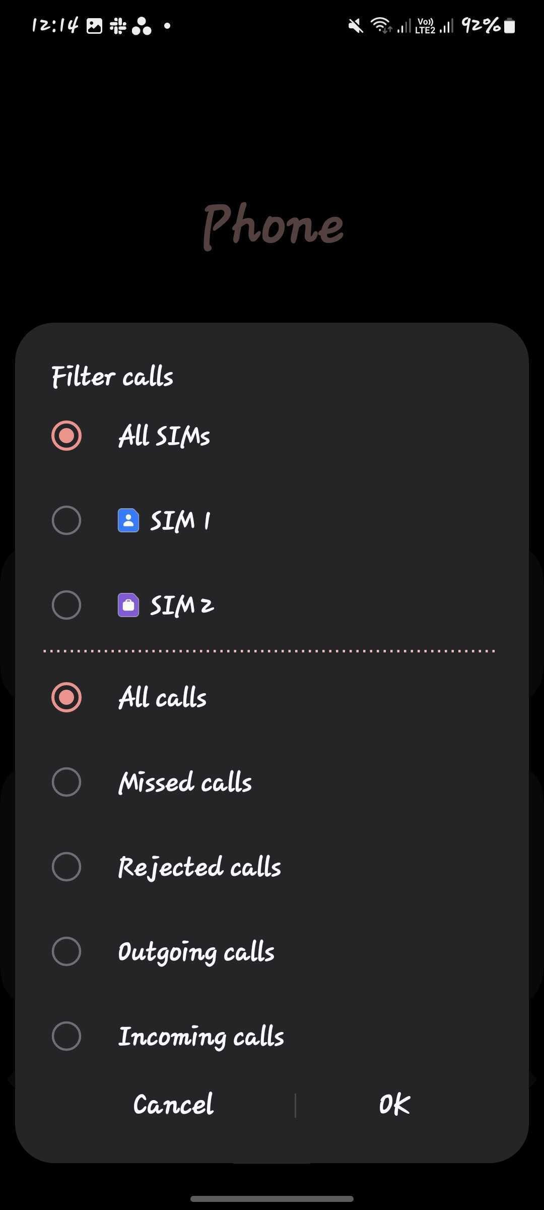 Screenshot showing call filtering in Samsung phone app