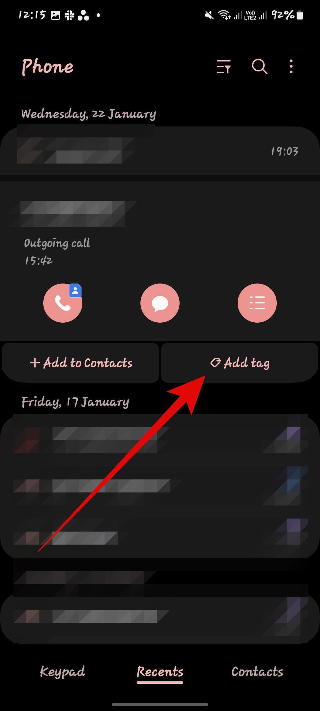 Screenshot showing the option to add in Samsung phone app