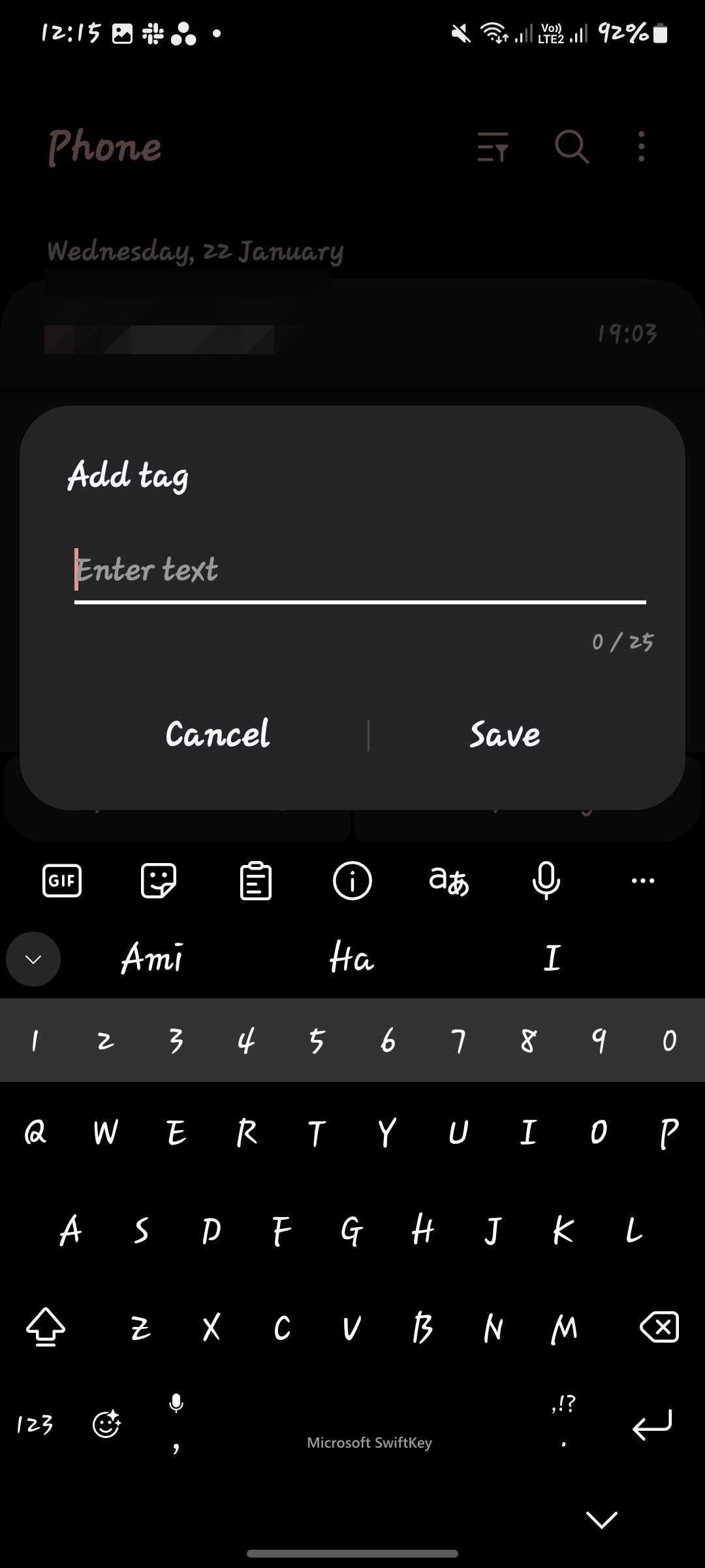 Screenshot showing Add tag feature in Samsung Phone app