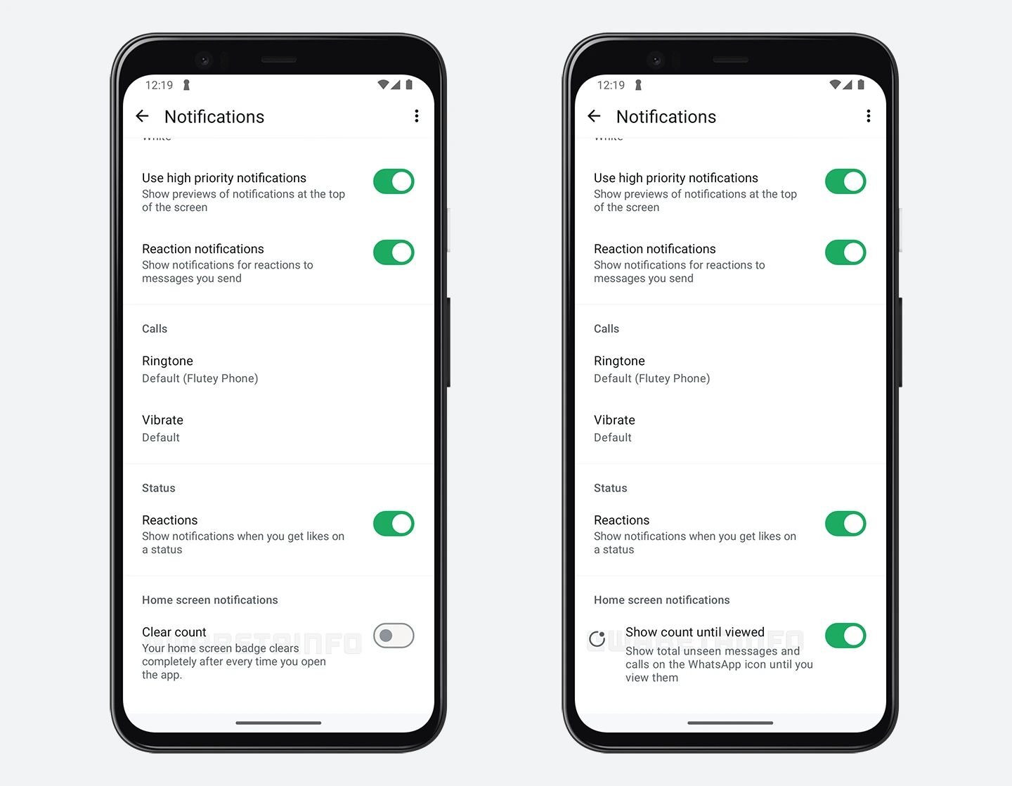 A screenshot of WhatsApp's new 'Show count until viewed' toggle.