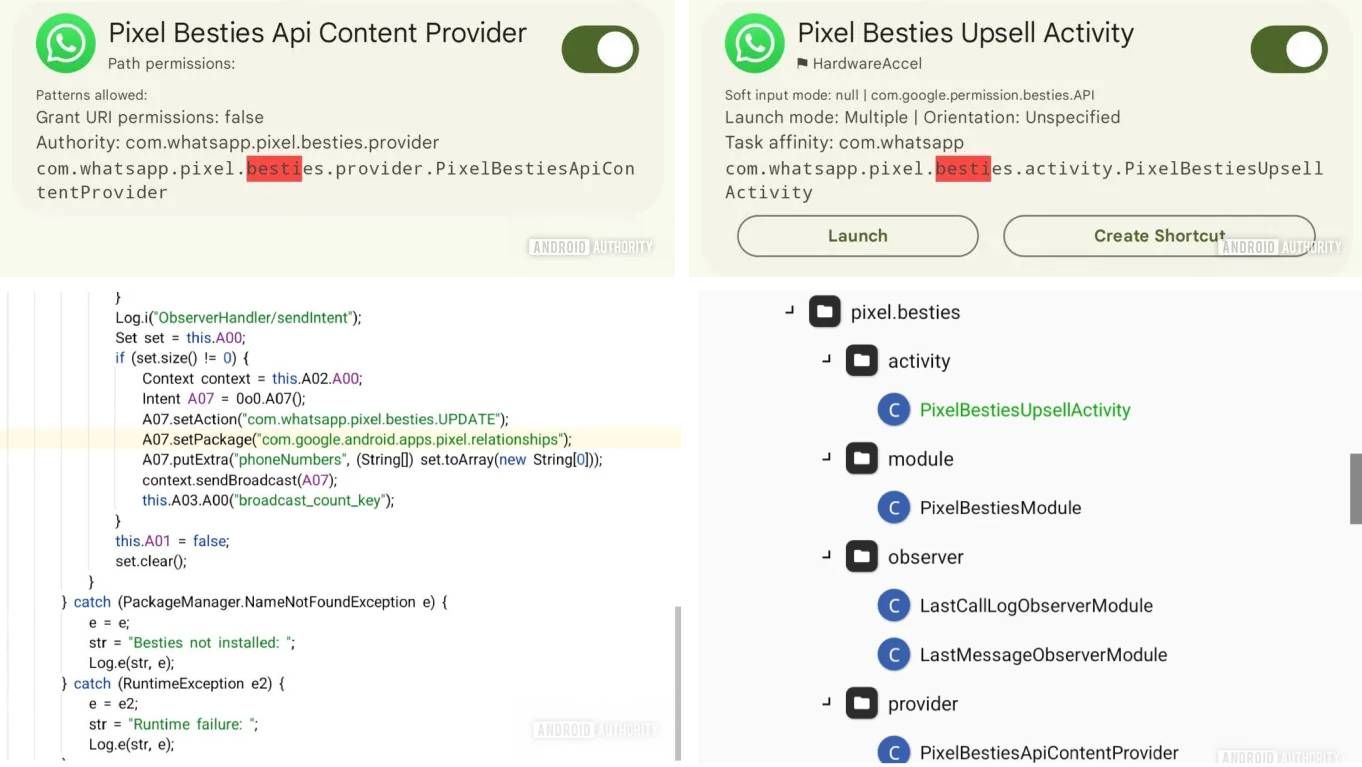 Screenshots of code hinting at WhatsApp's Pixel Besties integration.