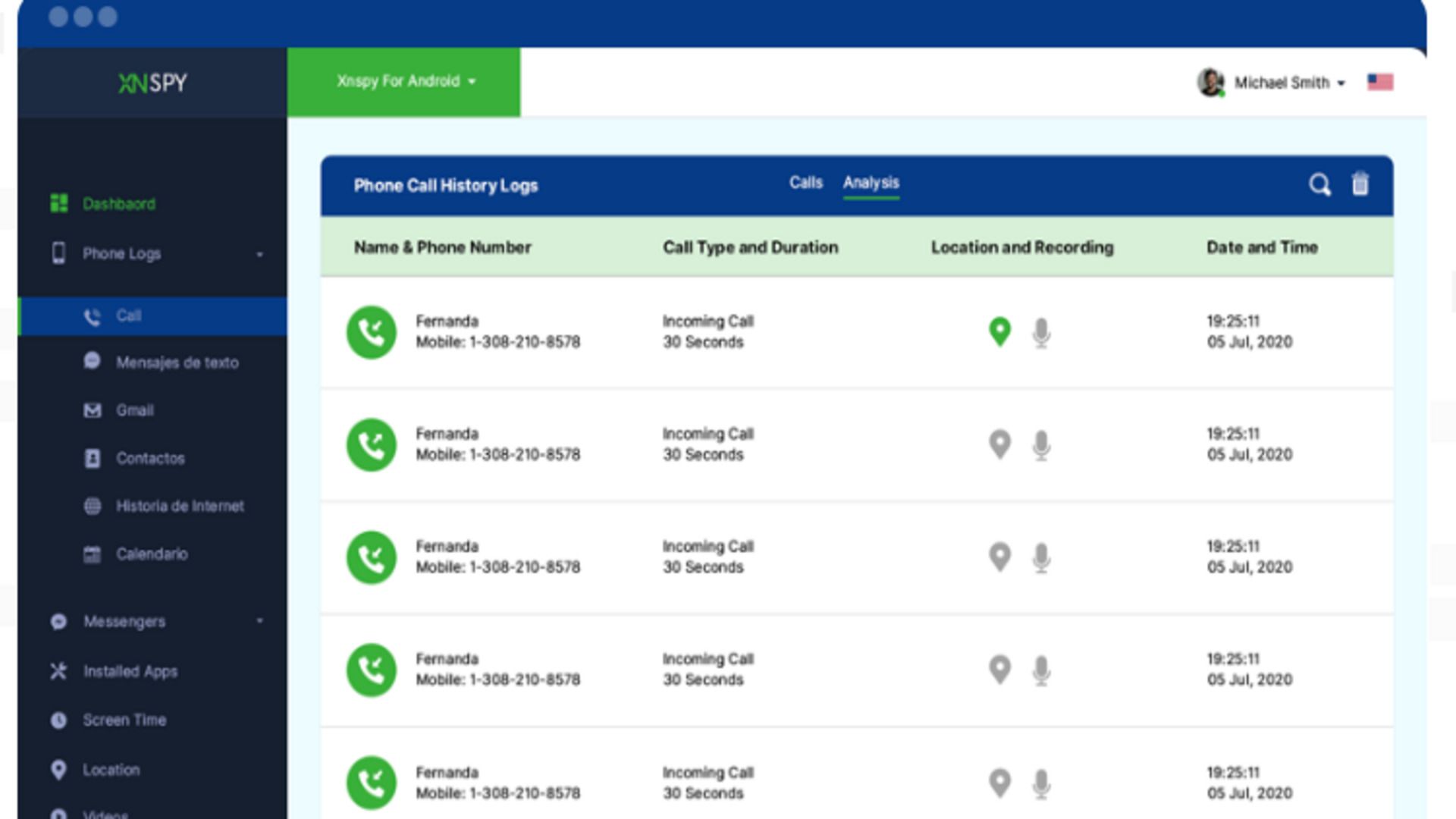 Xnspy showing messages screenshot
