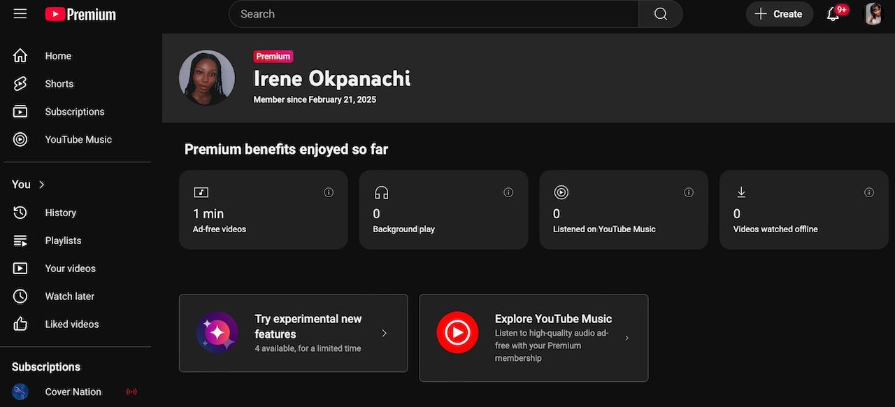 Premium benefits page showing available experimental features and YouTube Music offers on YouTube website