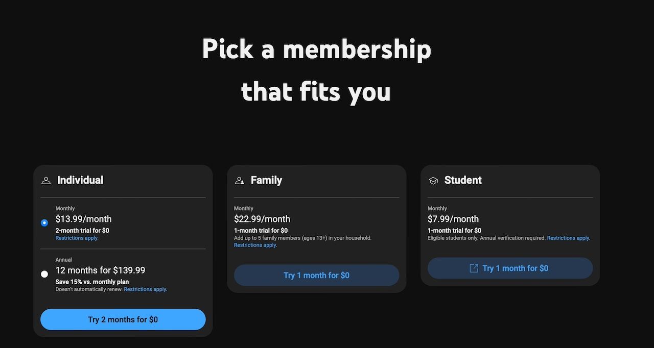 Individual, Family, and Student plans on YouTube Premium website