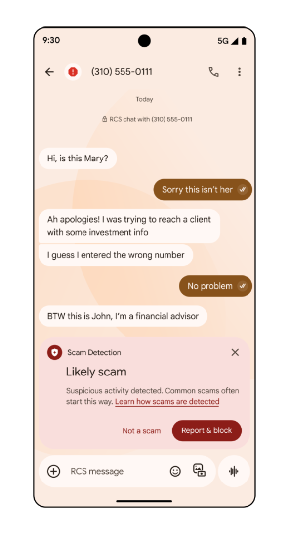 Screenshot of the Scam Detection feature for Google Messages.