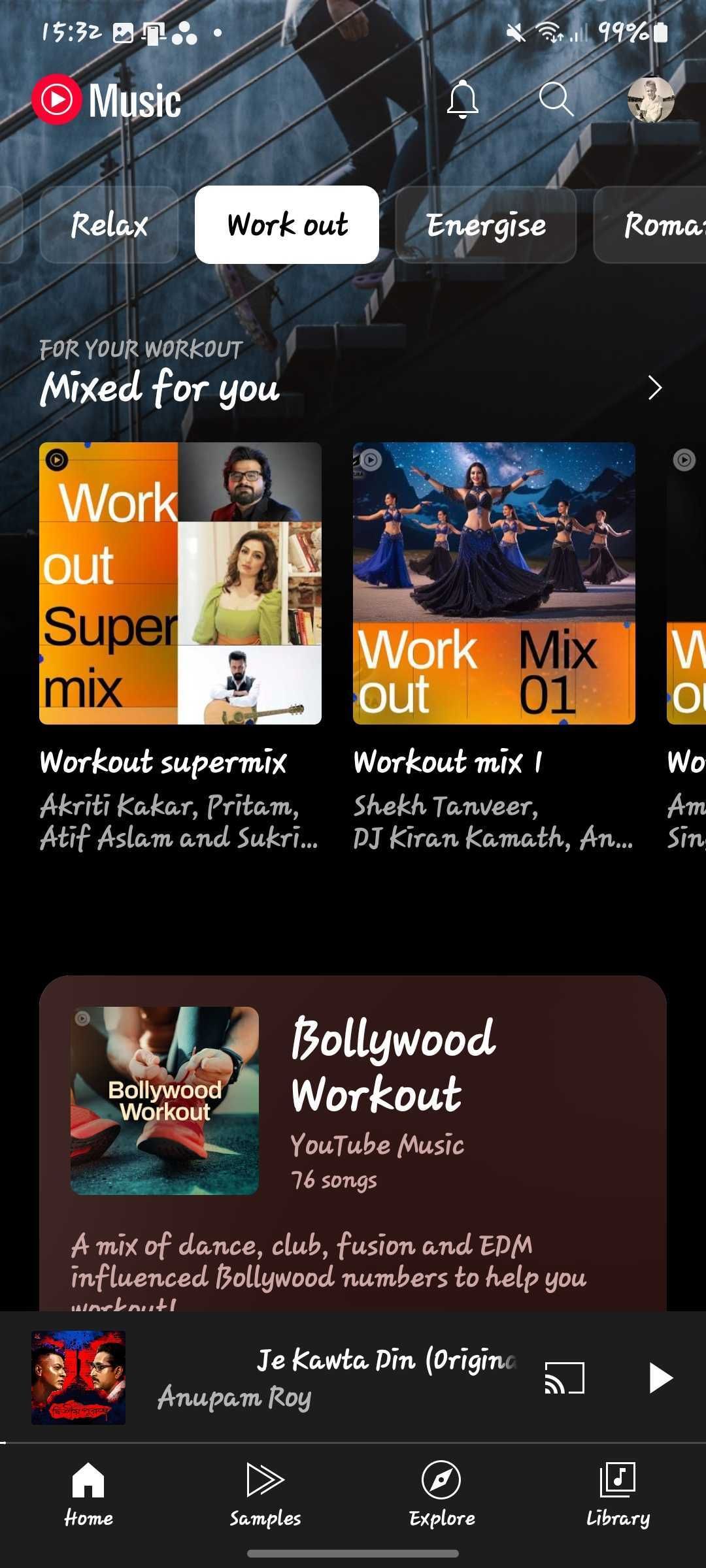 Screen snapshot displays the exercise section on YouTube music 