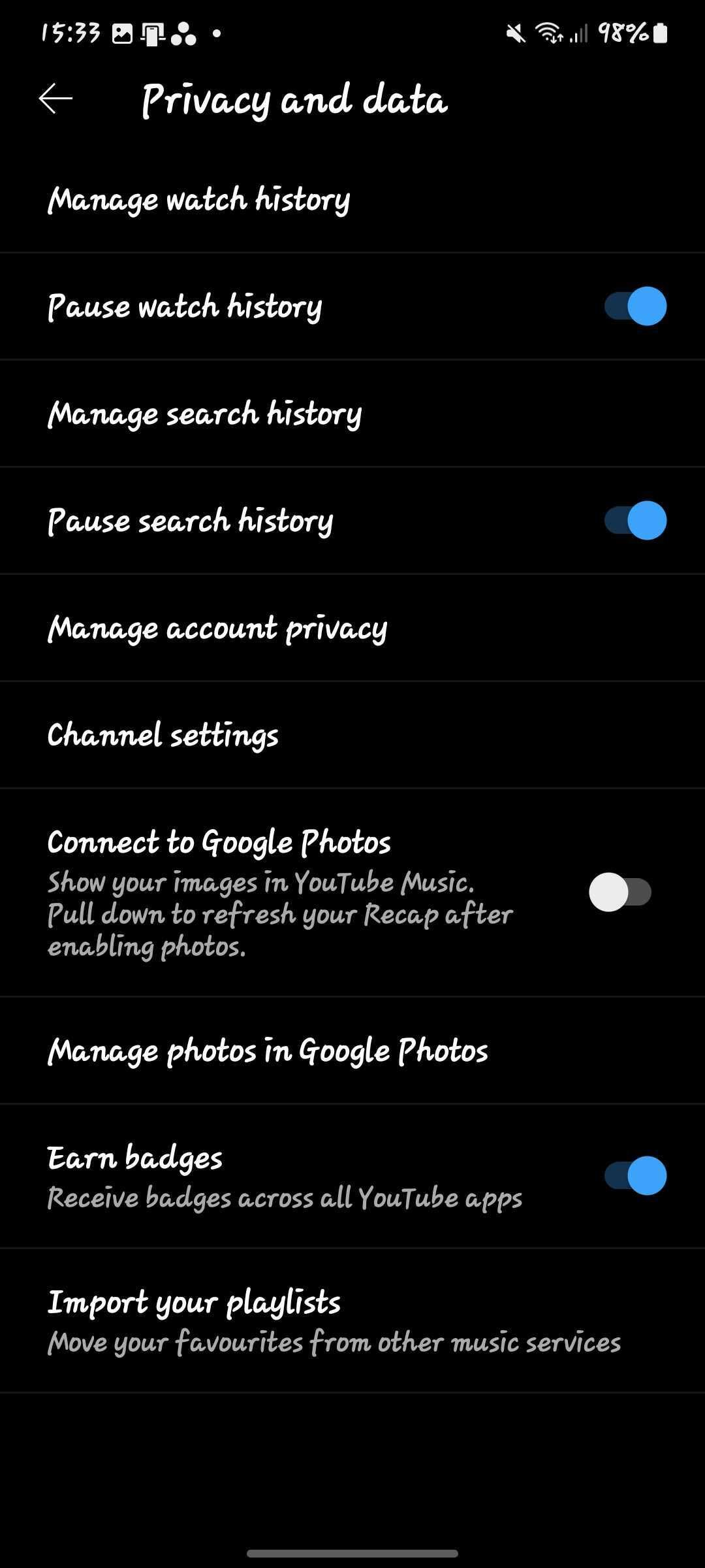 Screen shot displays YouTube music settings