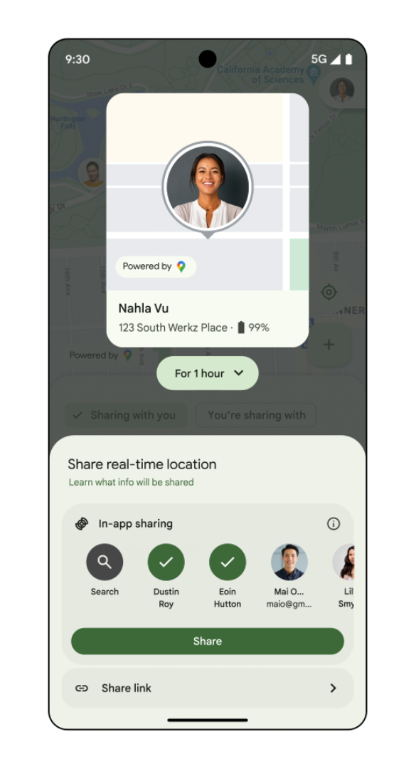 Screenshot showing the new location sharing feature for friends and family in Google's Find My Device app.