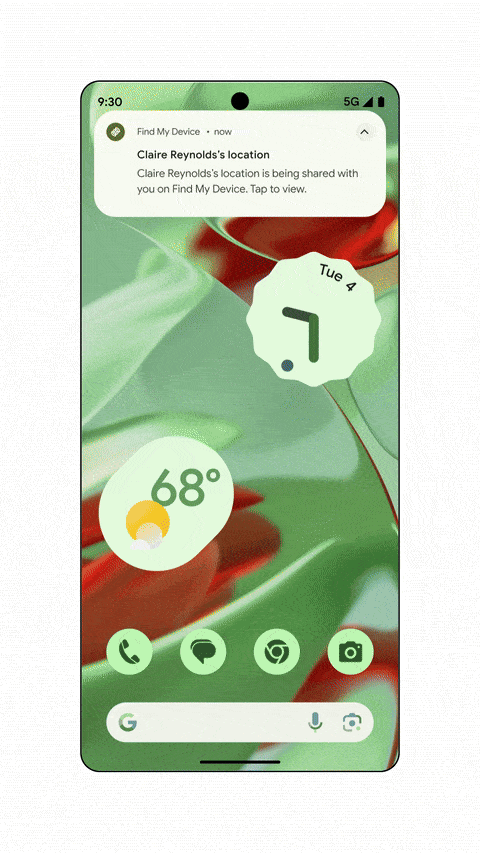 A GIF highlighting Find My Device app's location sharing/viewing support.