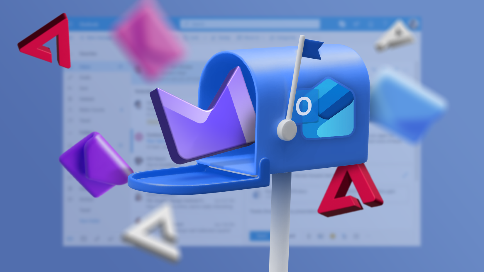 A mailbox with the Outlook logo and the ProtonMail logo inside, with several envelopes around it.