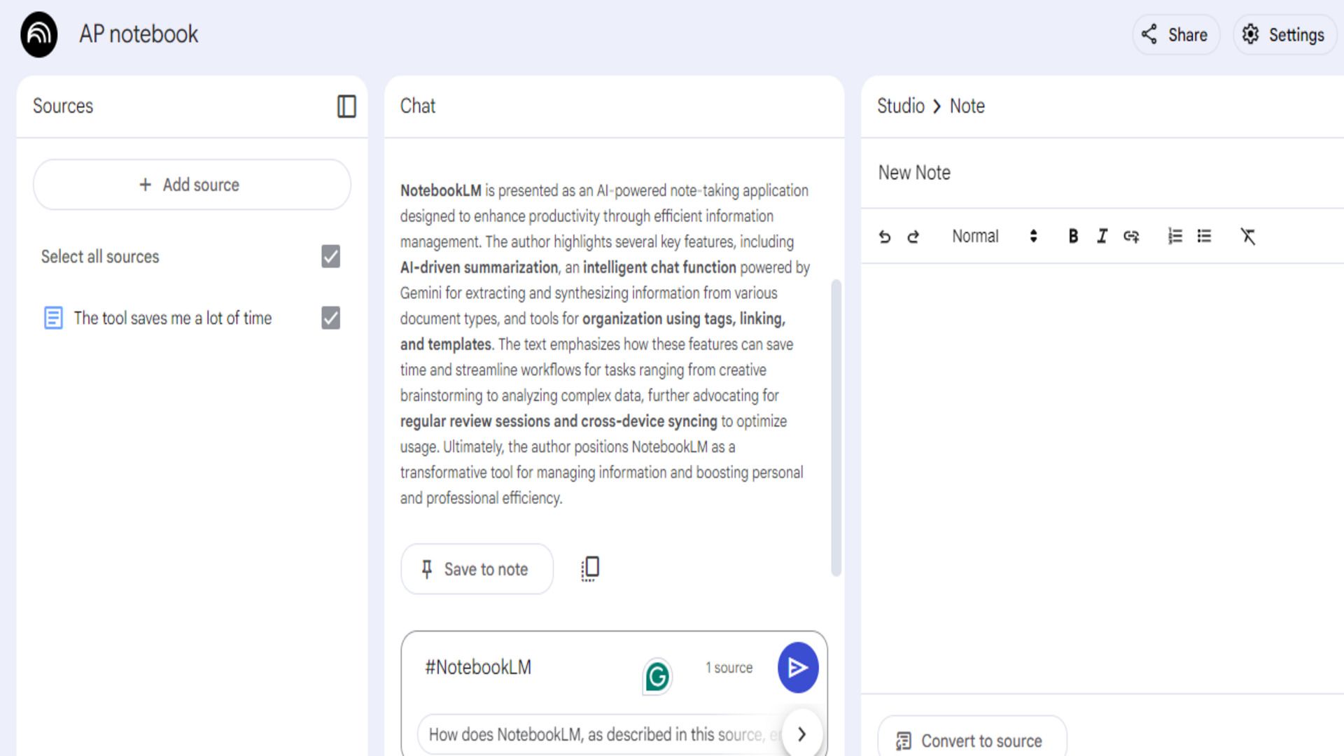A screenshot of NotebookLM note 