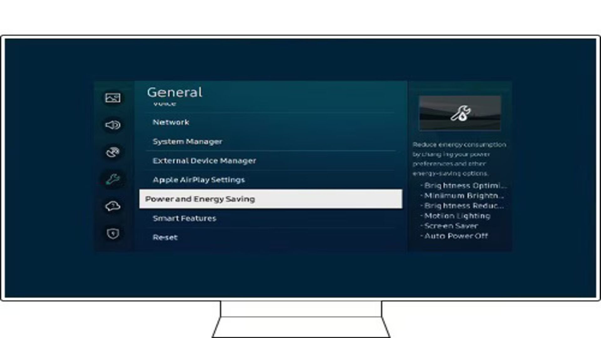 A picture showing power and energy saving feature on Samsung tv