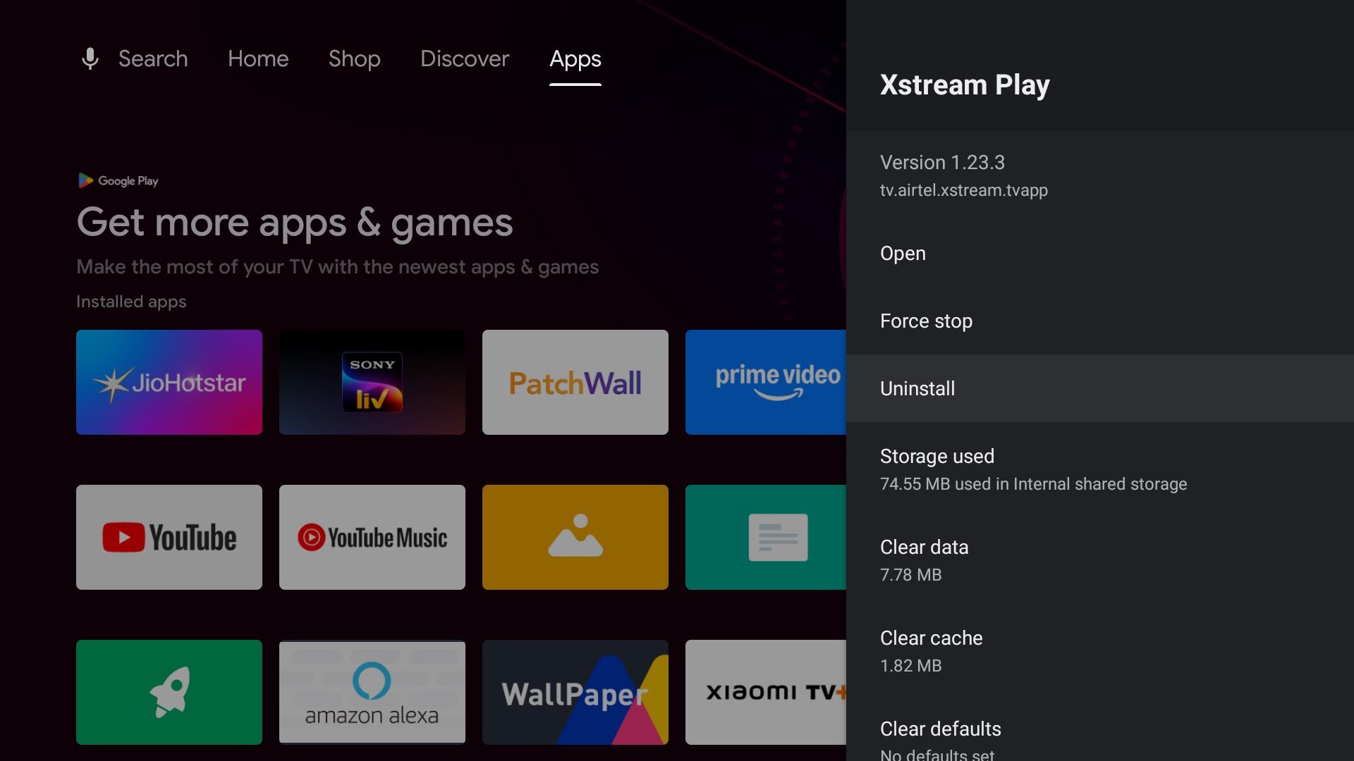 App info section on Android TV with Uninstall button highlighted