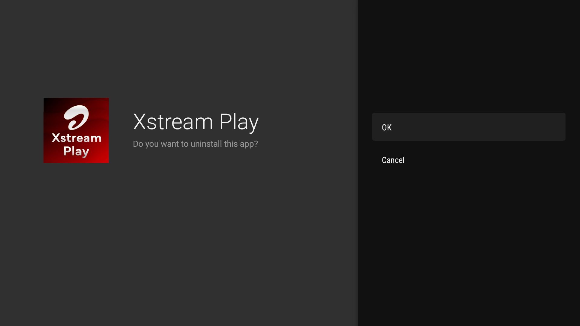 Confirmation screen for app uninstallation on Android TV