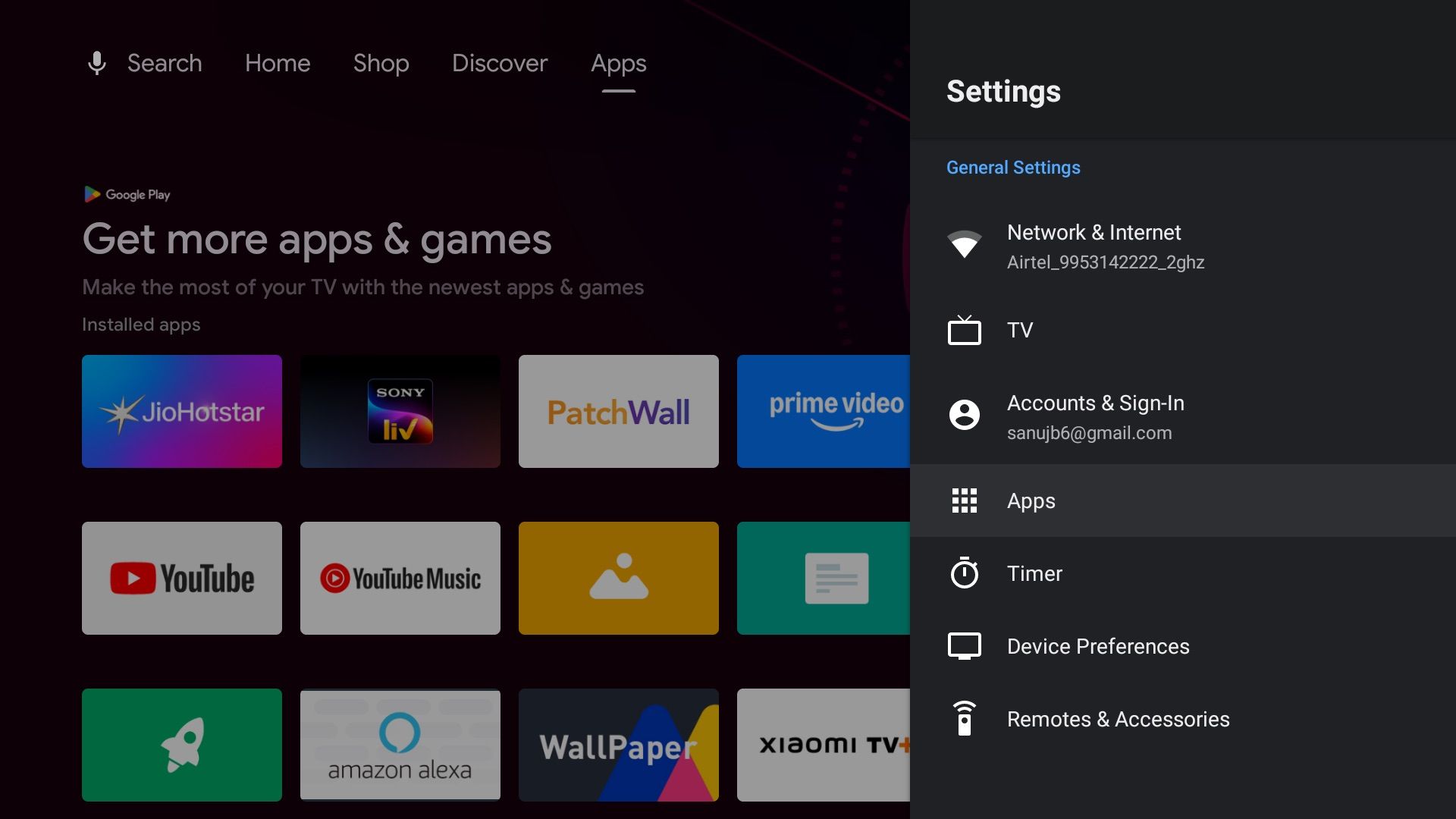 Android TV settings screen with Apps selected