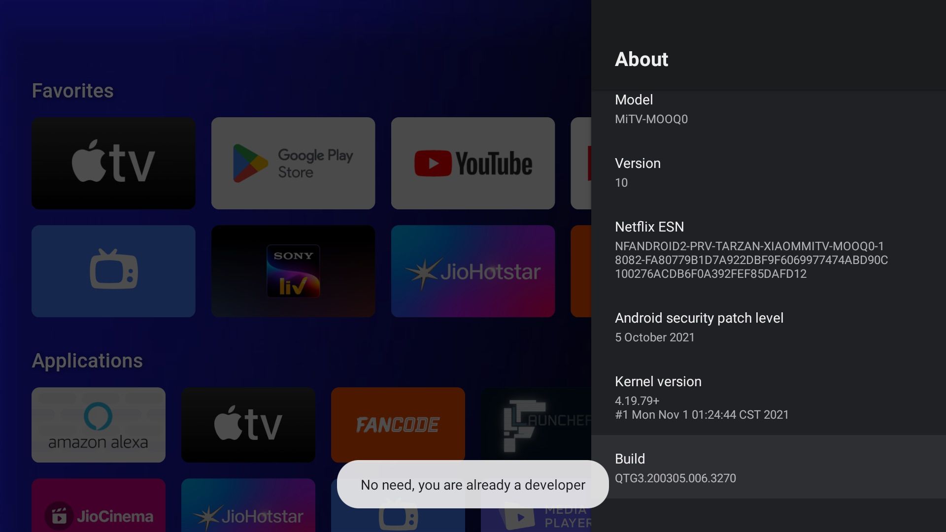 Tapping build number seven times in Android TV to enable Developer Options