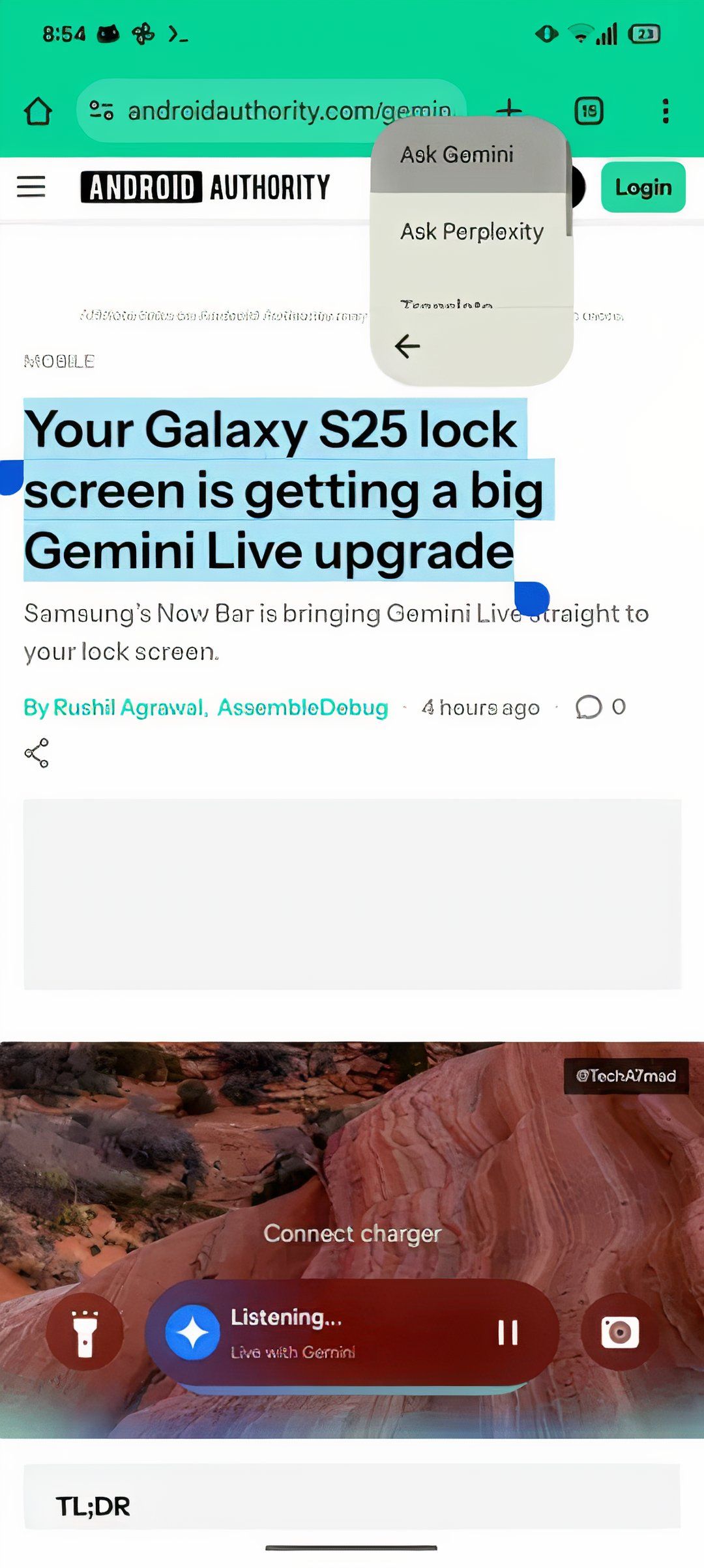 A screenshot of Android Authority's test showing an Ask Gemini menu when text is highlighted. 