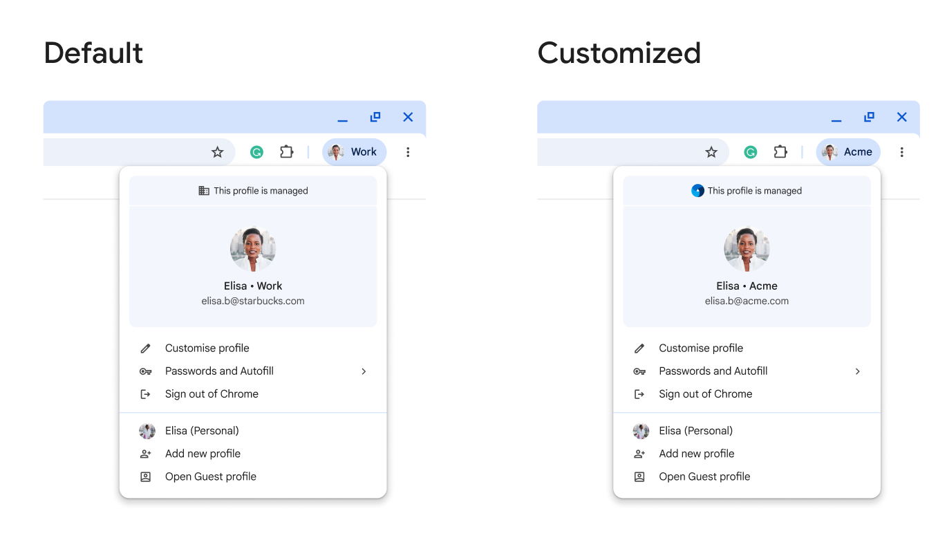 Screenshots showing the new default and customized badging for work profiles in Google Chrome.