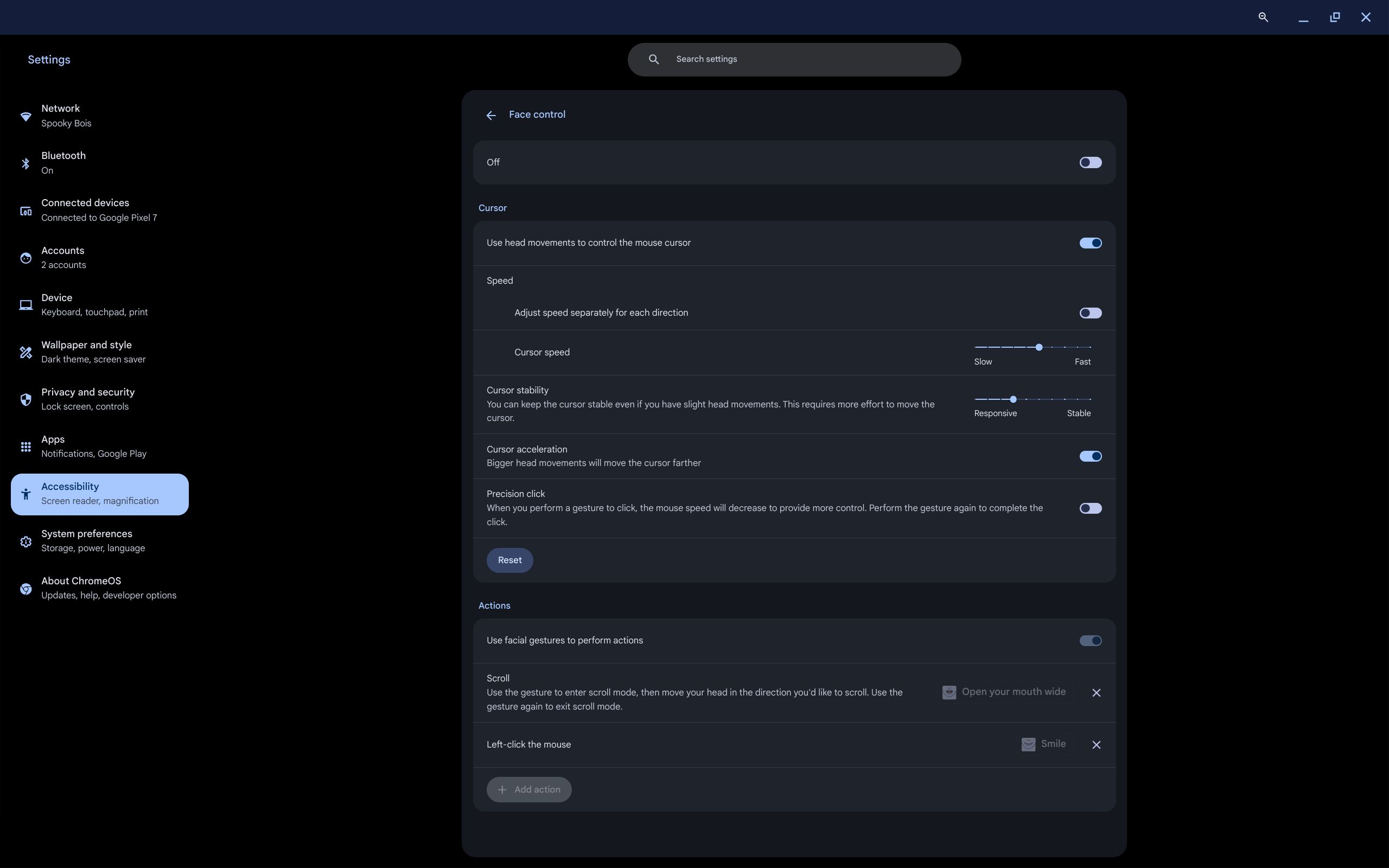 The settings for the Face control feature on a Chromebook