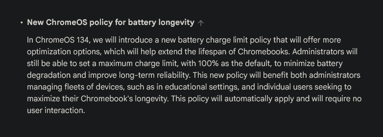 Screenshot of Chrome Enterprise and Education release notes