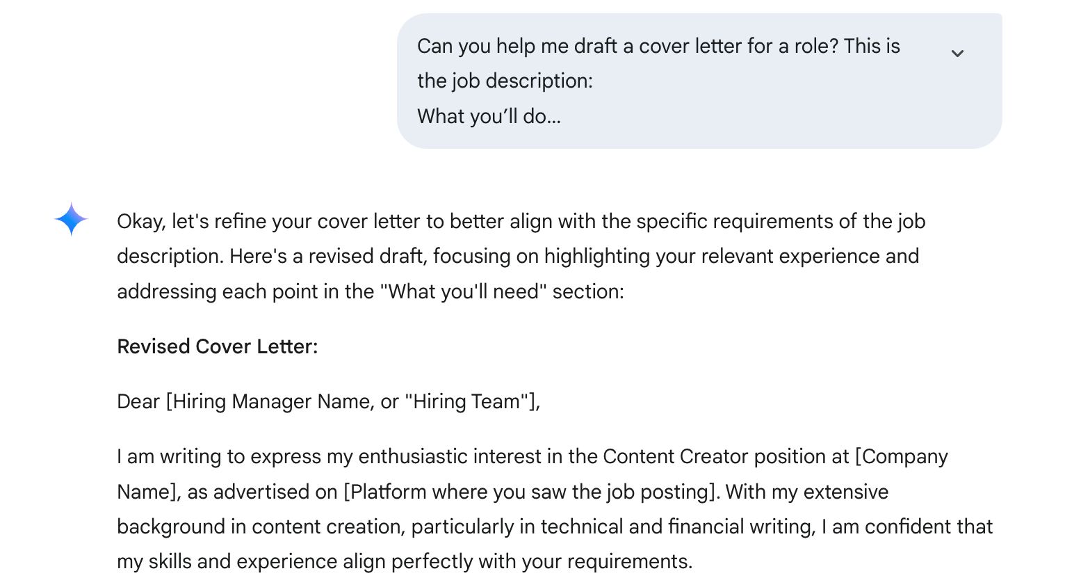 Drafting a cover letter with Gemini
