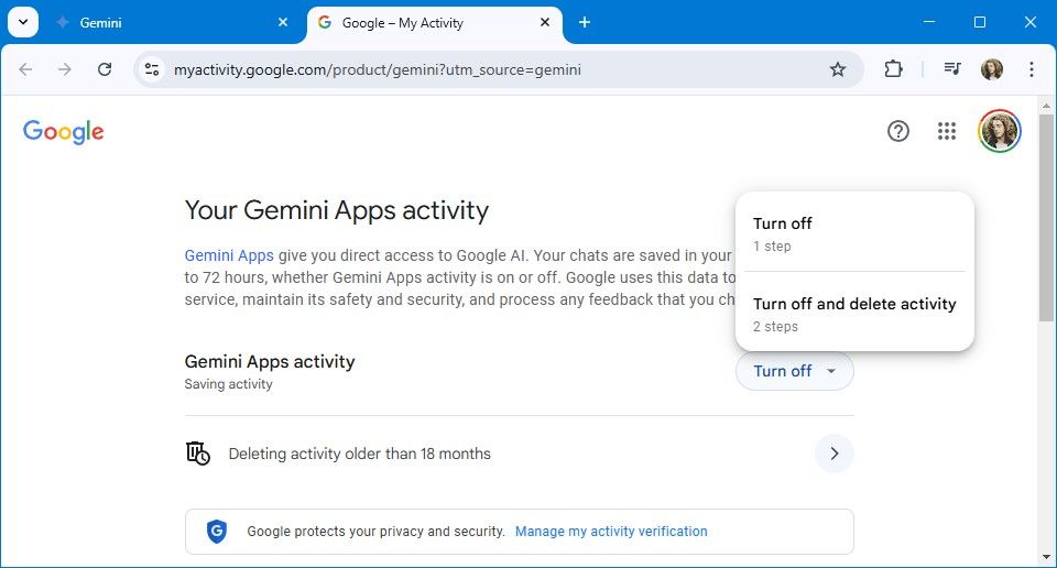 gemini apps activity disclaimer in a browser tab