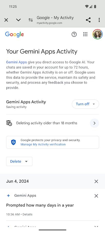 gemini apps activity menu on mobile