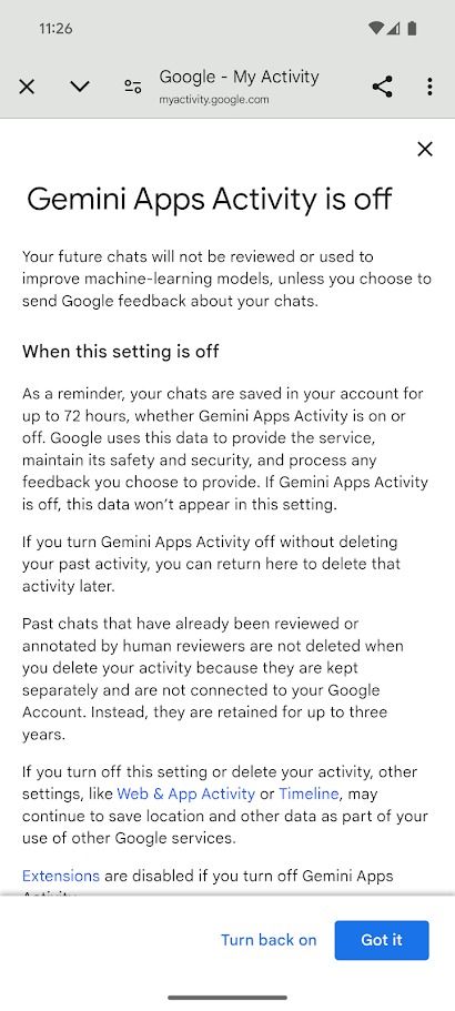 gemini apps activity disclaimer on mobile