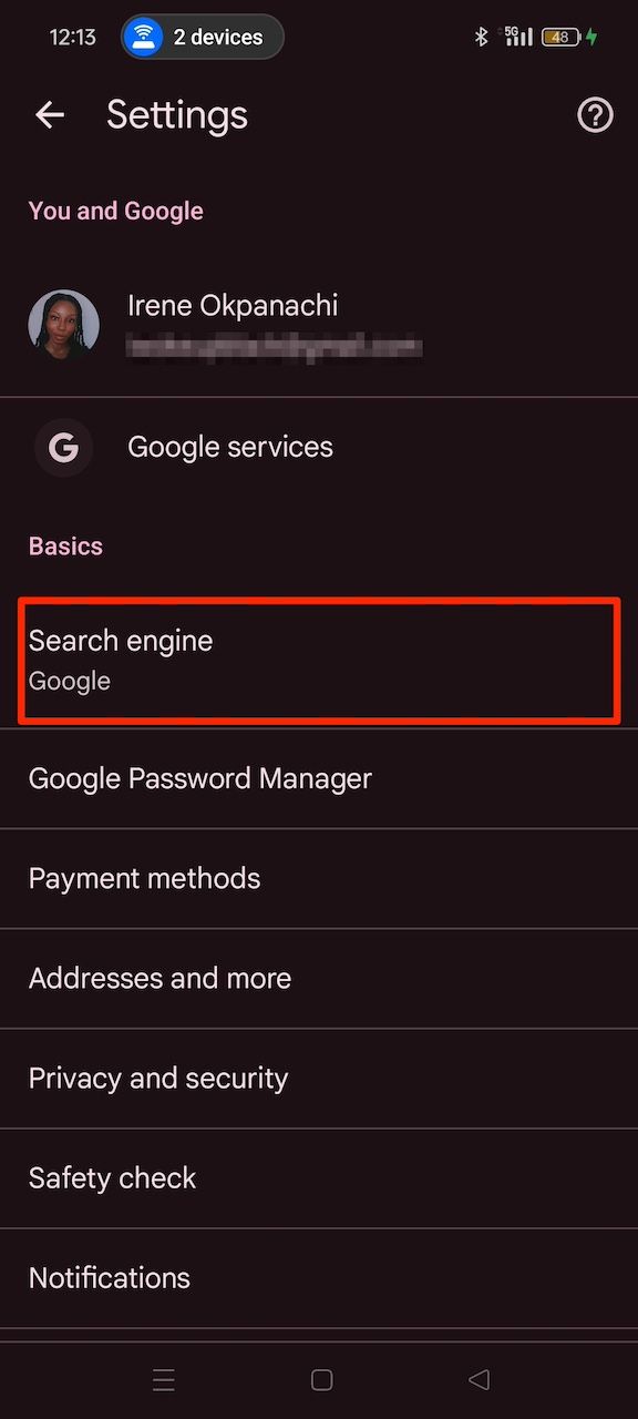 Selecting Search engine option in Google Chrome app settings menu