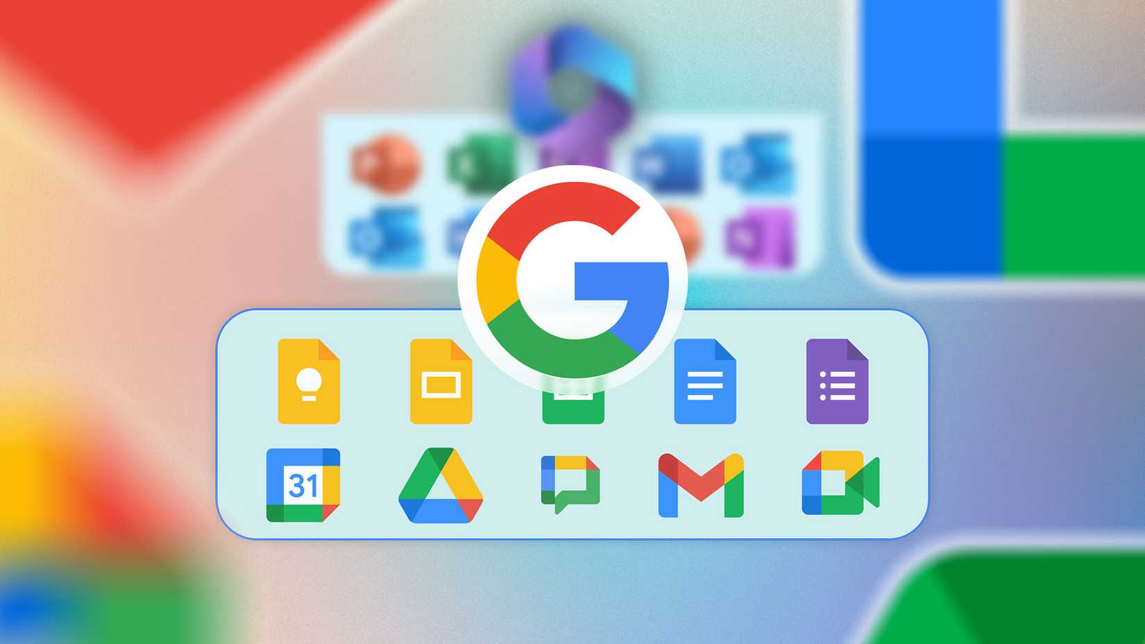 Logotipo do Google com os logotipos de alguns aplicativos do Google Workspace abaixo e alguns aplicativos Microsoft 365 desaparecem em segundo plano. (1)