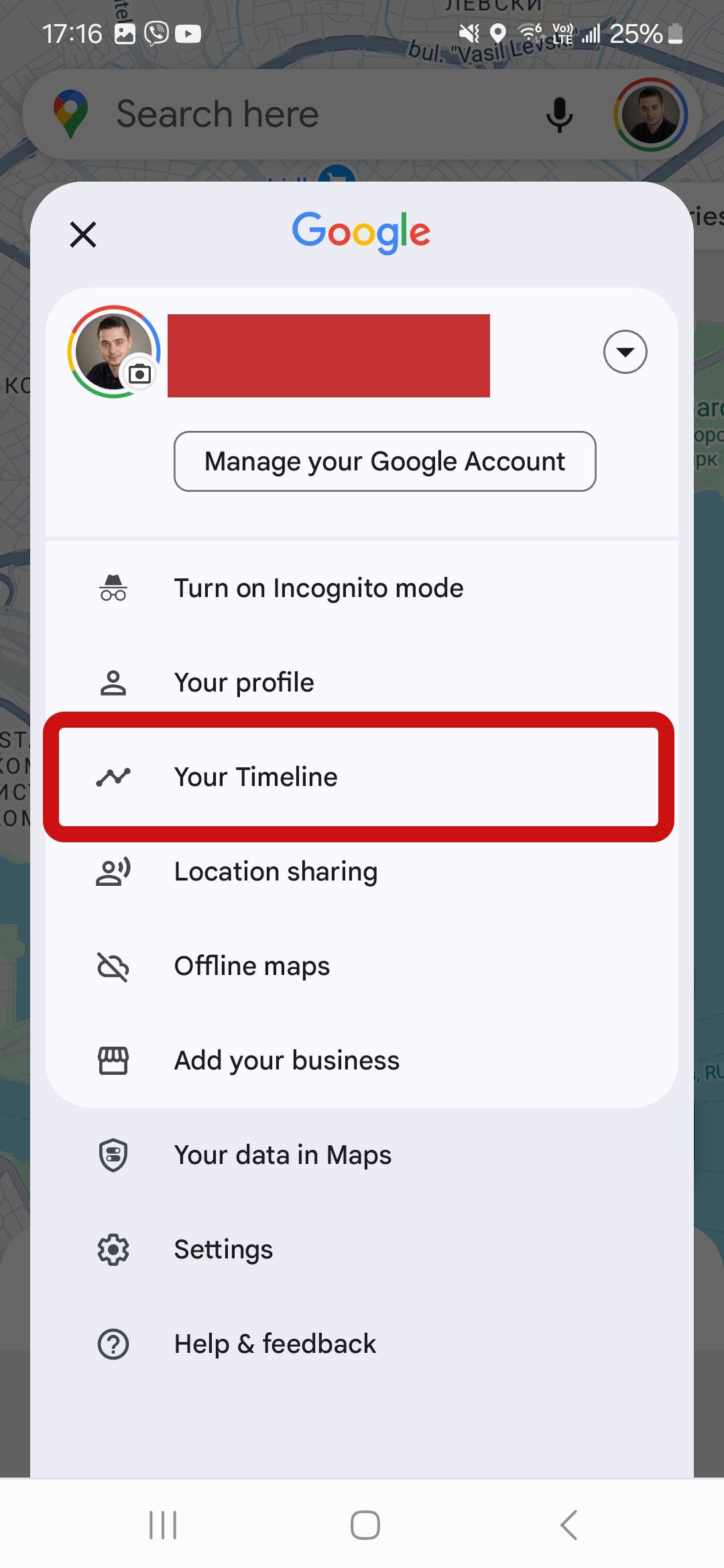 a screenshot of the google maps menu screen with your timeline highlighted